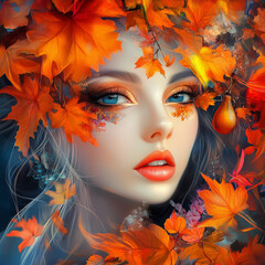 Fototapeta premium A woman adorned with an elaborate headpiece of vibrant autumn leaves and intricate makeup, capturing the transformation and beauty of fall in an artistic composition.
