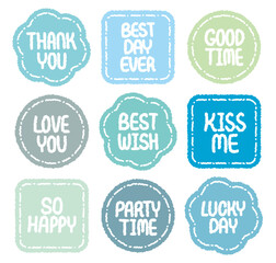 Hand drawn cartoon retro style chat box set. Doodle crayon drawing speech bubble sticker. Cute comic lace dialog quote frame for text. Heart flower shape Thank Best Good Love Wish Kiss Happy Vintage