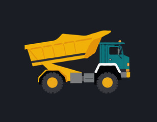 Big construction mining dump truck icon. Black silhouette. Side view. Vector simple flat graphic illustration. Isolated object on a white background