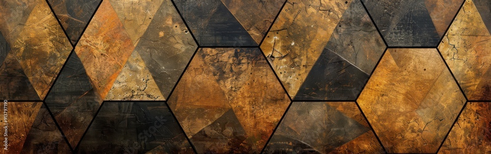 Poster a close-up view of a wall covered in hexagon-shaped tiles in a variety of shades of brown and gold. 