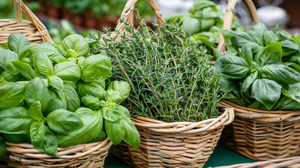 Naklejka premium an assortment of fresh herbs, including basil, rosemary, and thyme, tied in bundles and displayed in wicker baskets at an outdoor market