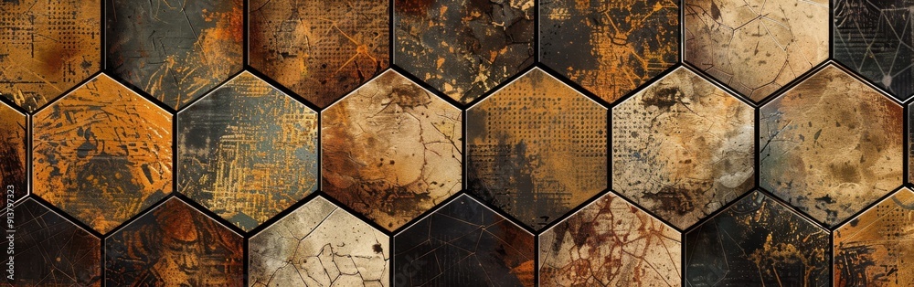 Aufkleber A close-up view of a wall made of hexagon-shaped tiles, each displaying a unique distressed pattern in shades of brown, gold, and black. The tiles create a visually interesting and textured surface.