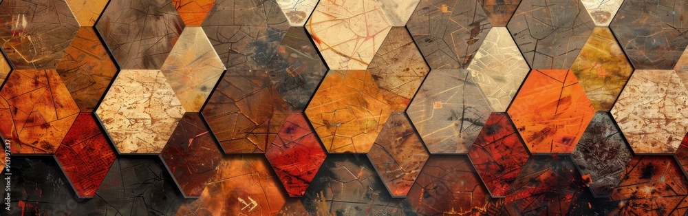 Aufkleber A close-up view of a textured wall covered in hexagonal tiles. Each tile is a different shade of brown, orange, and red, with subtle patterns and cracks creating a visual tapestry of warmth and depth.