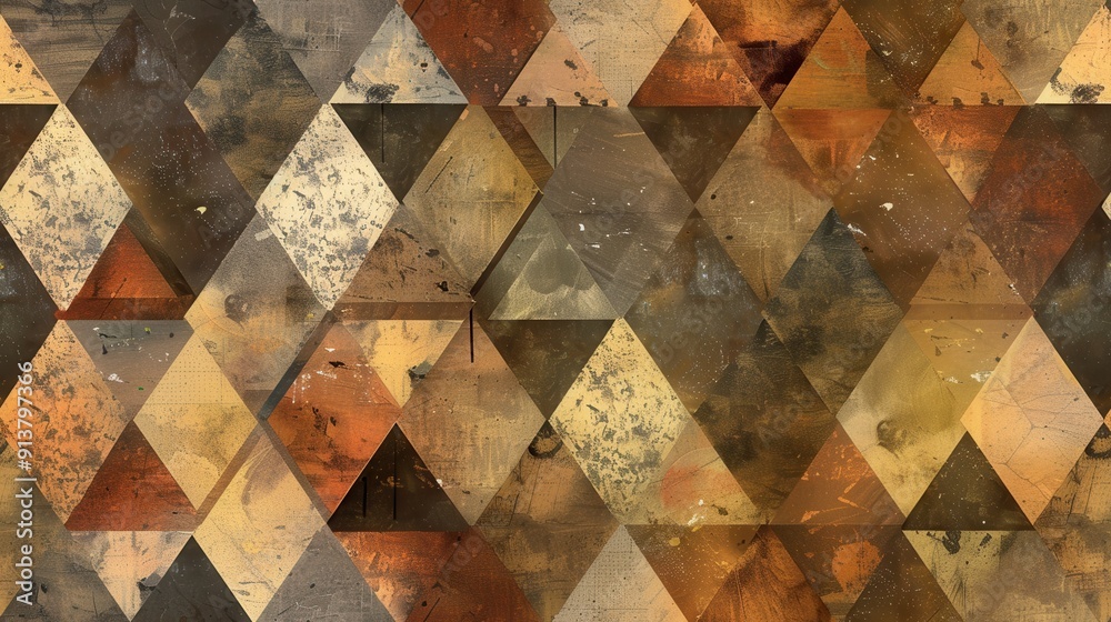 Aufkleber A seamless pattern of overlapping triangles in shades of brown, yellow, and black. The triangles create a diamond shape and have a distressed or textured look.