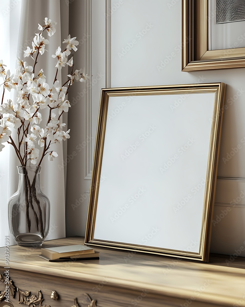 Poster Closeup Minimalist Mockup Frame on Table in Elegant Library