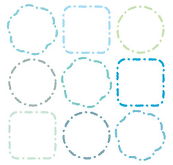 Out-line hand drawn cartoon style blue color chat box set. Doodle crayon drawing speech bubble sticker. Cute comics dialog quote frame for text. Variety shape of speak blank. Message dotted line.