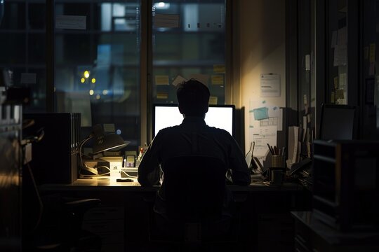 Overworked Employee Alone in Dimly Lit Office Reflecting Stress and Isolation