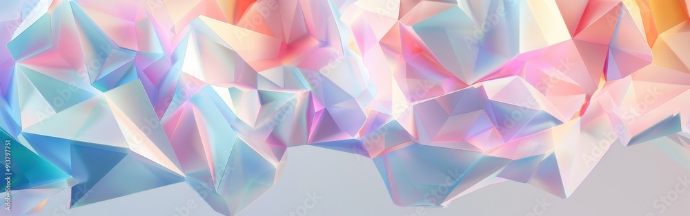 Fototapete A close-up of abstract geometric shapes rendered in pastel colors. The shapes are overlapping and create a sense of depth and movement. The lighting is soft and warm, creating an iridescent glow on th