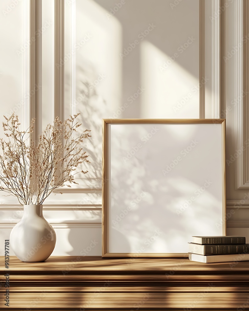 Poster Closeup Minimalist Mockup Frame on Table in Elegant Library