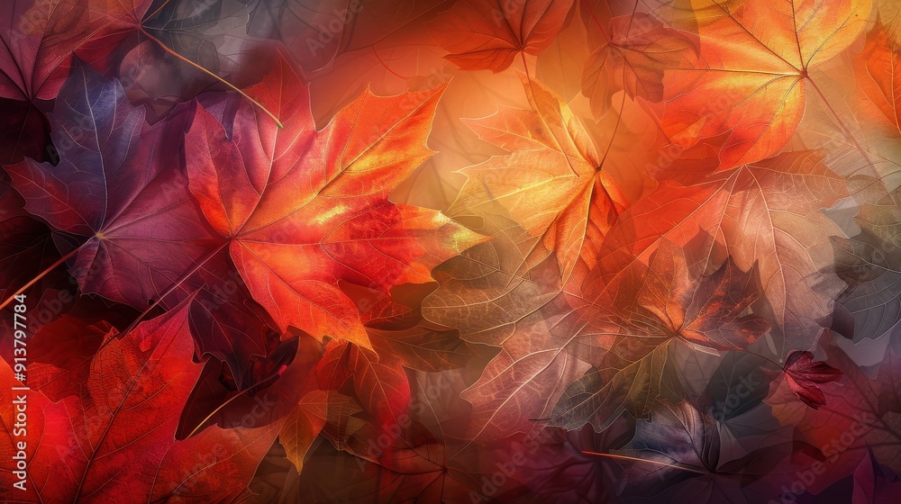 Poster The image features a close-up of maple leaves in various shades of red and orange. The leaves are arranged in a random pattern, creating a beautiful and organic design. Some leaves are layered on top 
