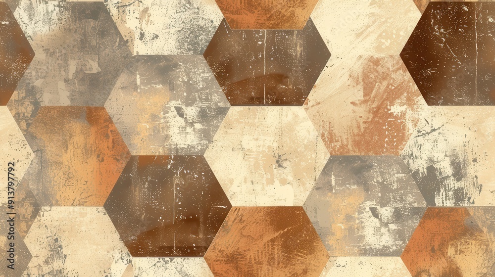 Poster a close-up shot of a wall or floor covered in hexagon-shaped tiles. the tiles are worn and distresse