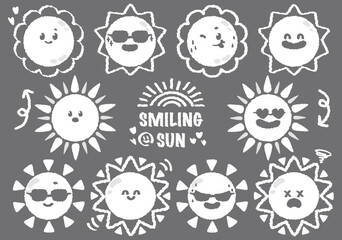 collection of smiling sun cartoon wearing sunglasses. Hand drawn style  cute sun emoticons icons set. Emoticons and summer concept. Collection of yellow childish sunny emoticons. Smiling baby sun.