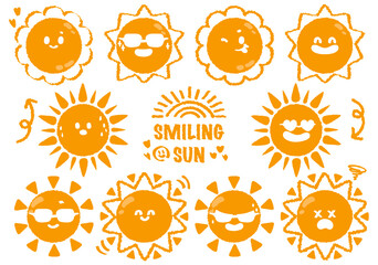 collection of smiling sun cartoon wearing sunglasses. Hand drawn style  cute sun emoticons icons set. Emoticons and summer concept. Collection of yellow childish sunny emoticons. Smiling baby sun.