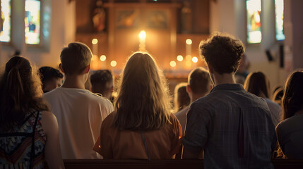 Congregation of diverse individuals praying together in a beautifully traditional church with stained glass windows.