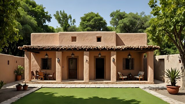 A traditional adobe style house with a patio and lawn.