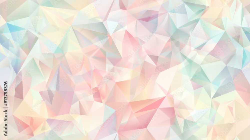 Poster The image showcases a vibrant and colorful abstract pattern composed of numerous geometric shapes, primarily triangles, with pastel hues of pink, blue, and yellow. The shapes are arranged in a random 