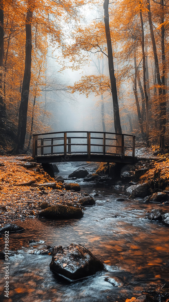 Sticker Serene Autumn Morning in Misty Forest with Golden Leaves