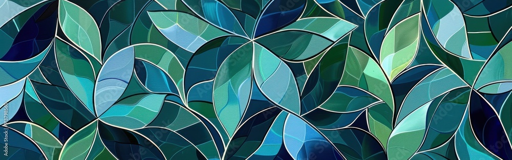 Poster a repeating pattern of abstract, overlapping, and layered leaves in various shades of green and blue