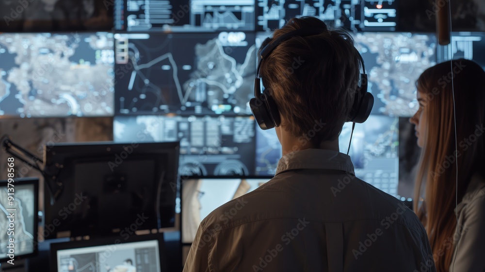 Poster monitoring operations in a high-tech control room during a nightly briefing session
