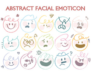 Outline flat face with variety cute and funny facial expression set. Cartoon doodle style round character emotion. Comic colorful happy, calm, worry, angry, anxiety, smile face with line draw hair