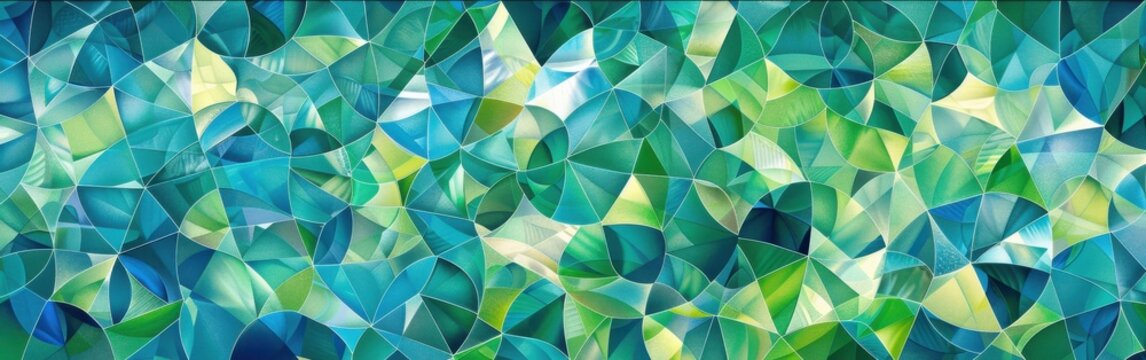 A colorful geometric background with a mosaic of blue and green shapes. The shapes are abstract and appear to be overlapping and interweaving. The light reflects off the shapes, creating a sense of de