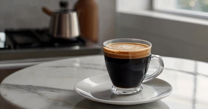 A black coffee cup with a detailed latte art heart sits on a marble countertop, with a modern kitchen blurred in the background, creating a cozy atmosphere. video 4k
