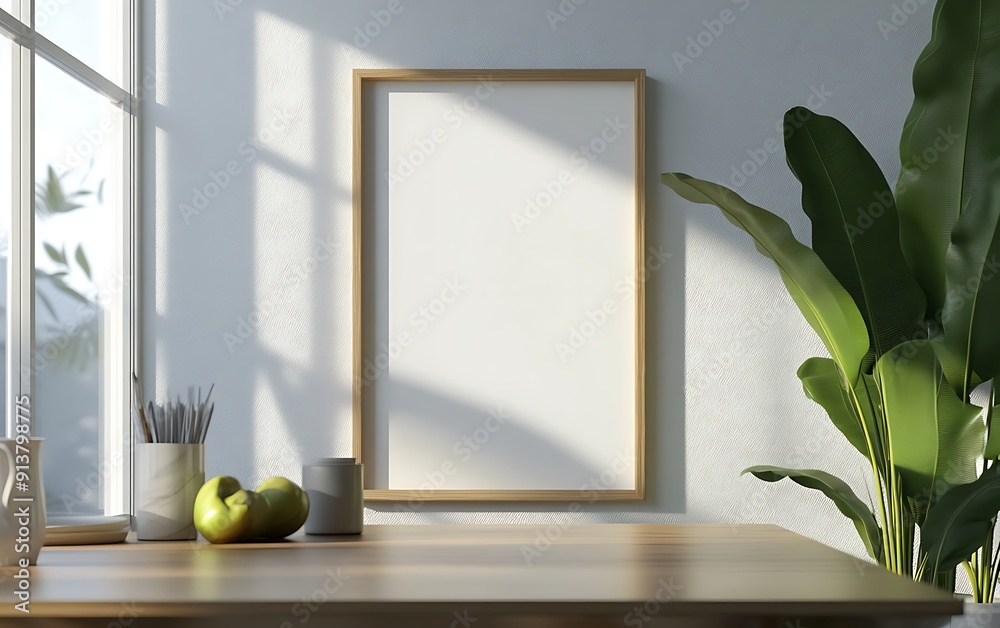 Poster closeup minimalist mockup frame on table in modern dining room
