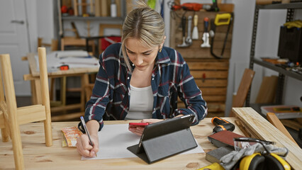 Focused young woman calculating expenses in carpentry workshop