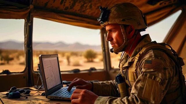A soldier in a desert setting uses a laptop while wearing a helmet and tactical gear.