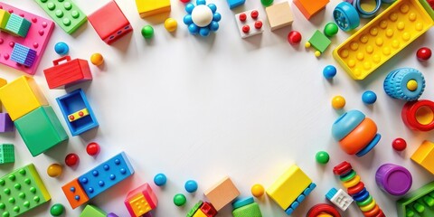 children s toys and bright blocks on white background