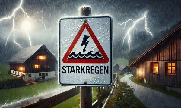 Stra&szlig;enschild mit der Aufschrift "Starkregen"