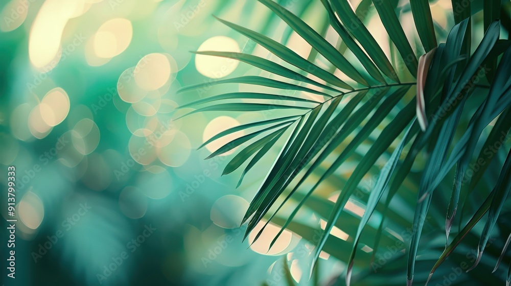 Poster the image features a close-up view of palm fronds against a blurry background of green foliage and o