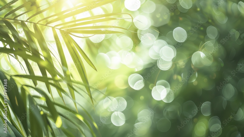 Aufkleber a close-up of palm leaves backlit by the sun, creating a beautiful bokeh effect. the leaves are gree