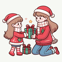 Young mother giving her daughter a gift for Christmas. Cartoon, color, simple, outline, plain background. Holiday season New Year.