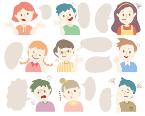 Set of avatars of characters with chat box. Vector profile for social media with dialog bubble.People avatar collection.Hand draw style people message cloud.Variety emoticon of the young person. 