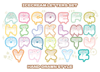 Cute ice cream alphabet typography vector set for school colorful letters set.Comic cartoon style cute alphabet letter for kids learning. Preschool, Summer symbol Hand drawn style ABC chart Typography