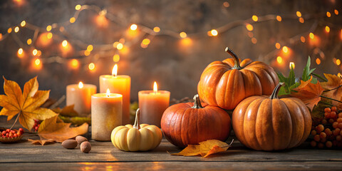 Cozy Autumn Scene with Pumpkins and Candles