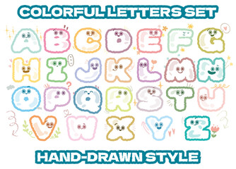 Hand drawn style cute uppercase letters alphabet creative typography design for children education vector illustration.Colorful funky abc font typeface with comic faces for nursery or kindergarten.