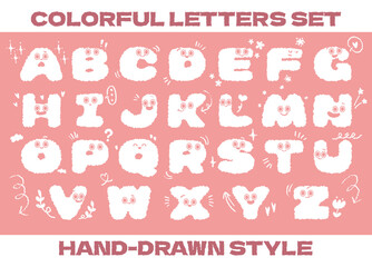 Hand drawn style cute uppercase letters alphabet creative typography design for children education vector illustration.Colorful funky abc font typeface with comic faces for nursery or kindergarten.