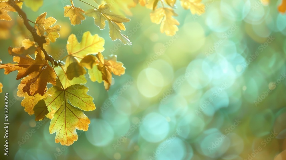 Poster A branch with several oak leaves in various shades of yellow and green hangs in front of a blurry background of sunlight filtering through a forest.