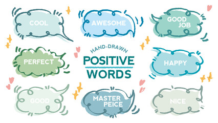 Comic style cute quote colorful speech bubble with positive words. Set of hand drawn memo frame. Cartoon doodle crayon drawing cloud, box, message. Flat vector. Best, Awesome, WOW, Master, Piece, Go