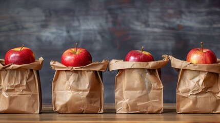 Brown Bag School Lunch. Fresh Apple and Healthy Snacks in Cafeteria Line