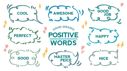 Comic style cute quote colorful speech bubble with positive words. Set of hand drawn memo frame. Cartoon doodle crayon drawing cloud, box, message. Flat vector. Best, Awesome, WOW, Master, Piece, Go