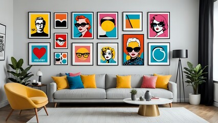 Modern living room interior design with a gray sofa, colorful pop art framed pictures, and a yellow armchair.