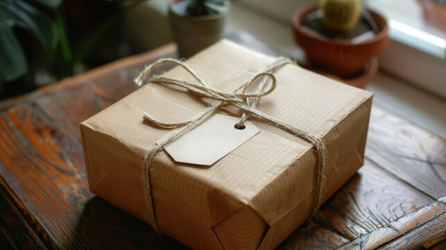 Brown Package with Label. Small Parcel Box for Gifts with String and Tags