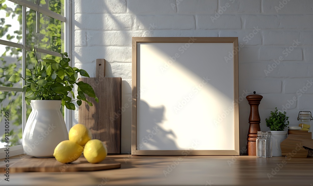 Poster closeup minimalist mockup frame on table in rustic kitchen