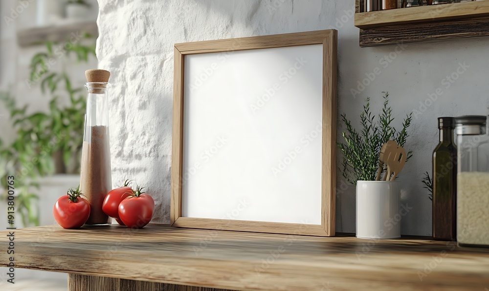 Poster closeup minimalist mockup frame on table in rustic kitchen