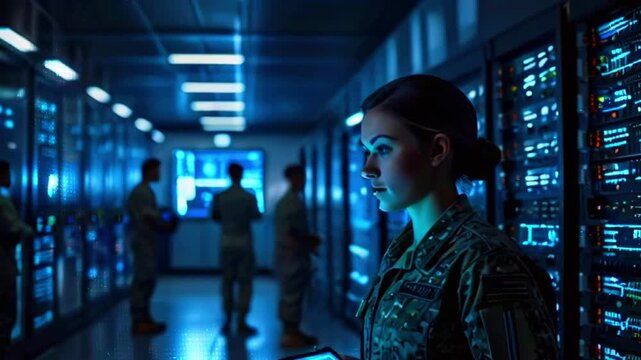 A female soldier in a server room, looking at a tablet while standing in front of a row of servers, blue lighting creates a futuristic and high-tech feel.