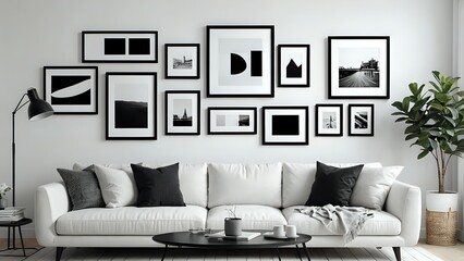 Modern living room with white sofa and gallery wall of black framed pictures.