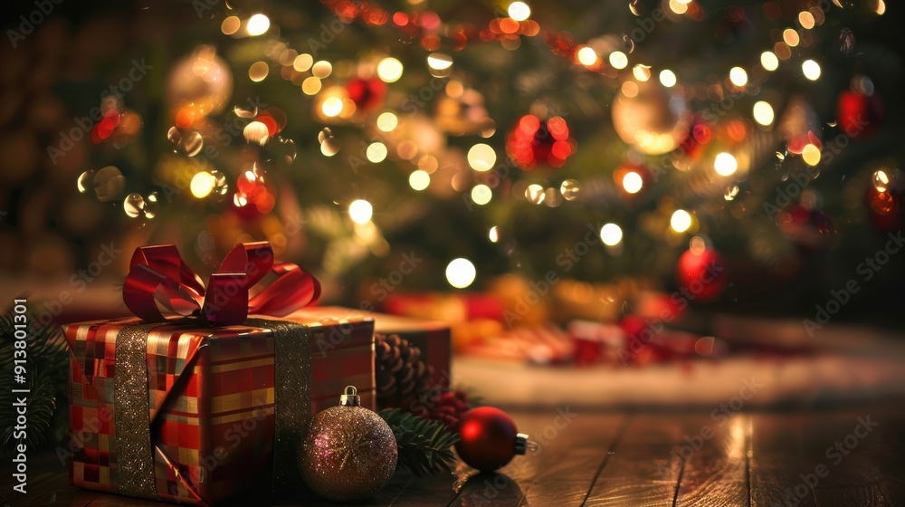 Poster a red gift box wrapped in gold paper and tied with a red bow sits on a wooden surface in front of a 